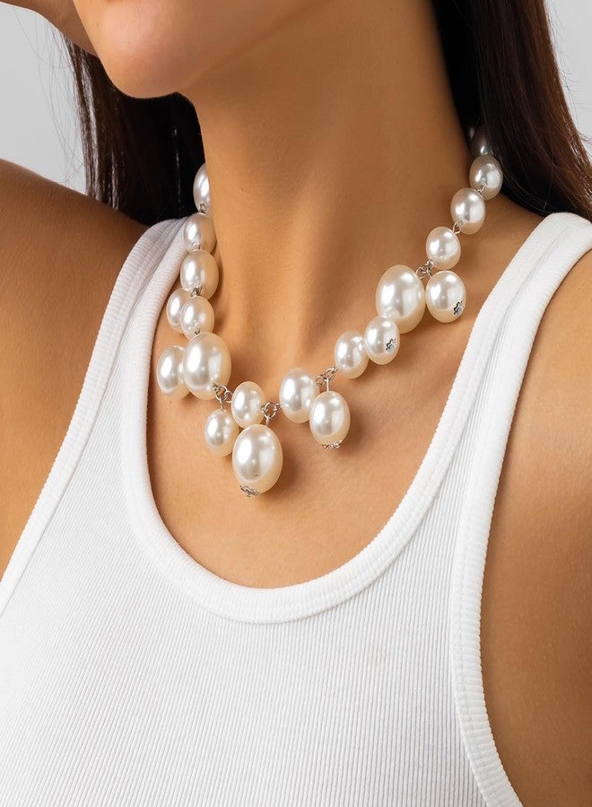 eartif Women's Big Pearl Statement Choker Necklace, White, 15-20mm, 16.5"+2" Extender, High Lustre Imitation Pearls, Wedding Pearl Jewelry - Image 2